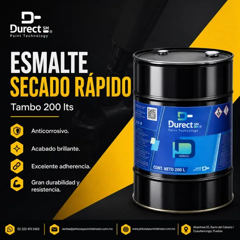 Tambo de 200 litros de Esmalte de Secado Rápido Durect SM, acabado brillante.